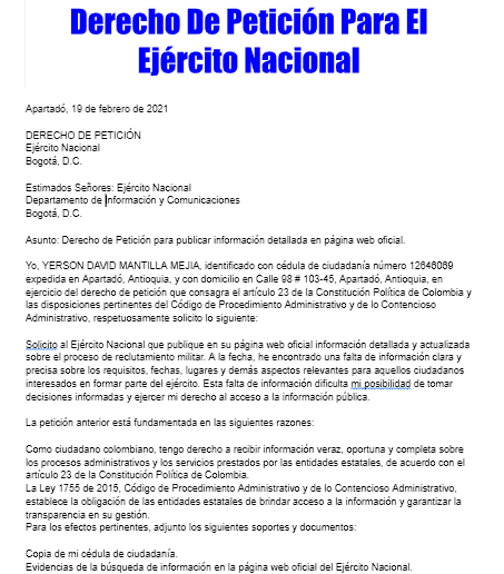 Derecho De Peticion Para El Ejercito Nacional Tramitaloya Co