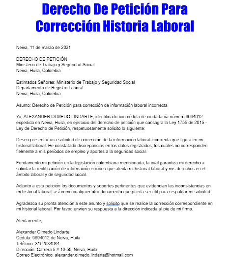 Derecho De Peticion Para Correccion Historia Laboral