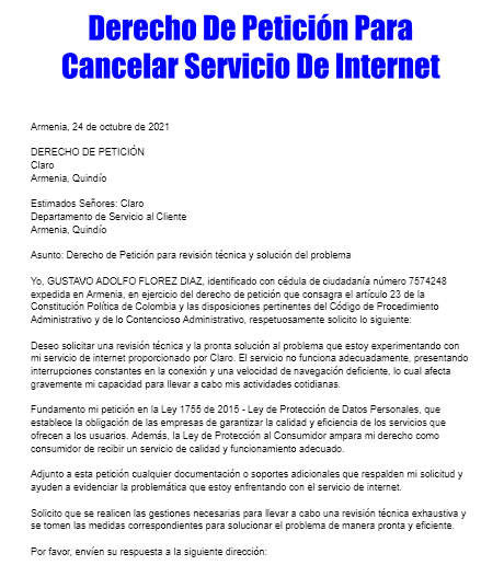 Derecho De Petición Para Cancelar Servicio De Internet
