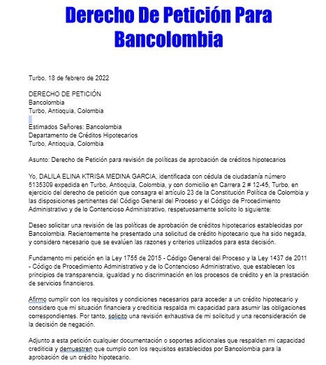 Derecho De Petición Para Bancolombia