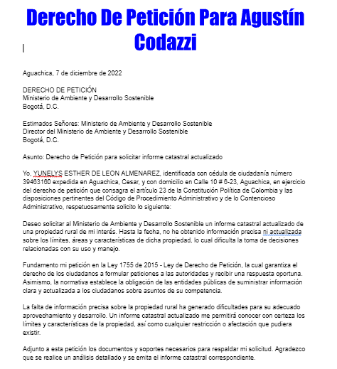 Derecho De Peticion Para Agustin Codazzi