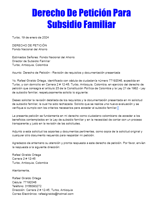 Derecho De Peticion Para Subsidio Familiar TramitaloYa.co